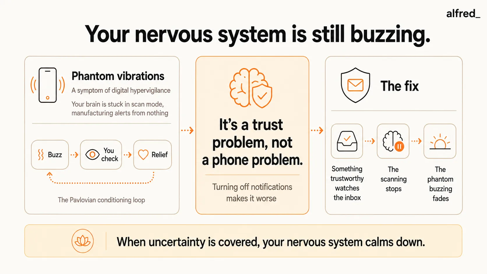 Phantom notification anxiety is digital hypervigilance: the brain stuck in scan mode, manufacturing alerts from nothing; it is a trust problem, not a phone problem, and turning notifications off makes it worse. When something trustworthy watches the inbox, the scanning stops and the phantom buzzing fades.