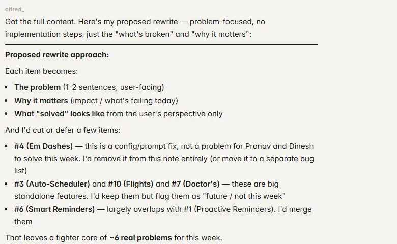 alfred_ proposes a problem-first rewrite approach for the note.