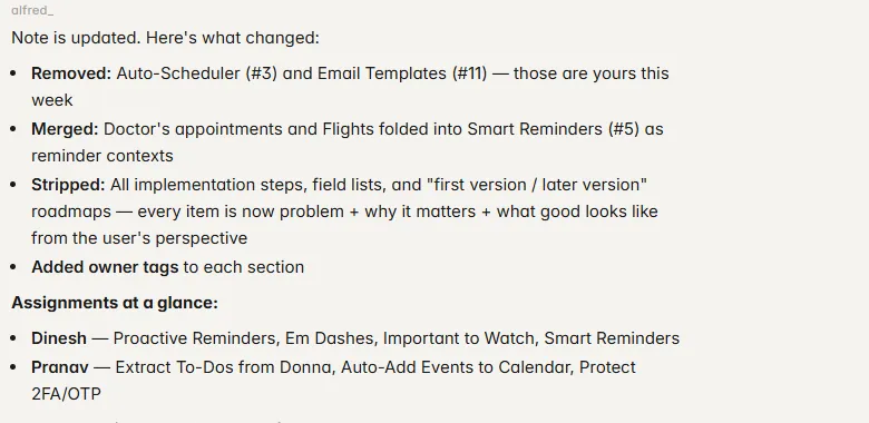 alfred_ confirms the updated note and shows the assignments split between Dinesh and Pranav.