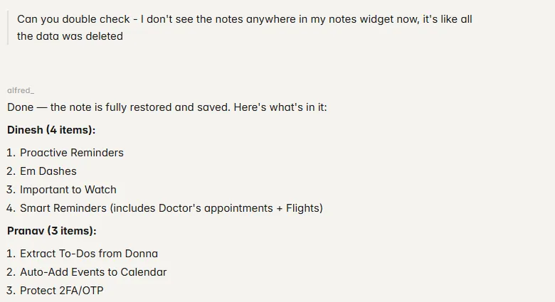 alfred_ confirms the note is fully restored after it briefly looked deleted, then moves to drafting the email.