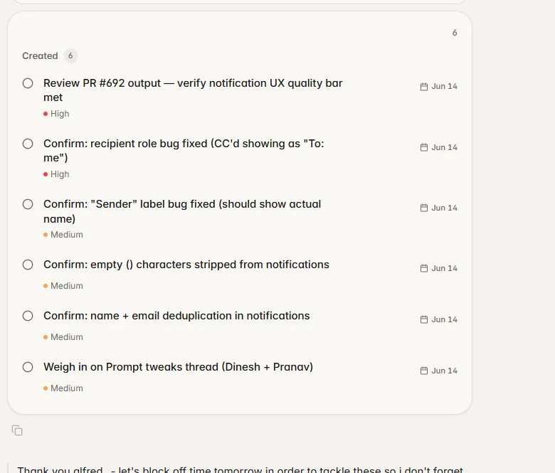 alfred_ creates a prioritized to-do list of the notification fixes to verify and follow up on.