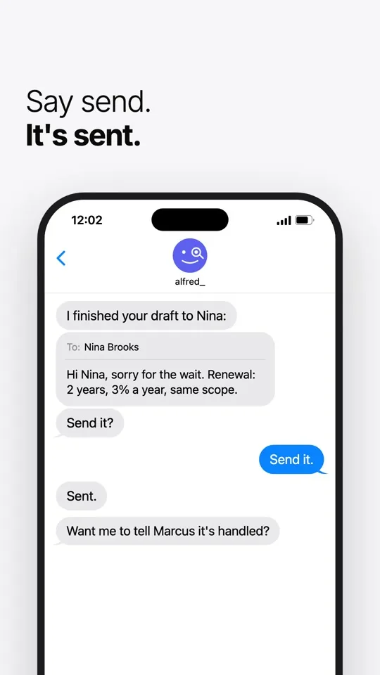 Over text, alfred_ shows the finished draft to Nina, asks "Send it?", and sends it.