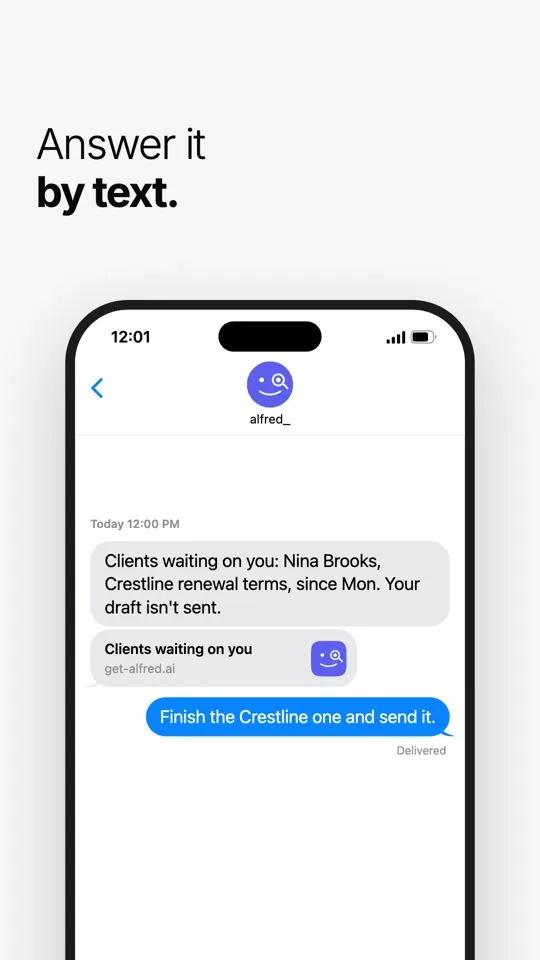 A text from alfred_: clients waiting on you, with the draft to Nina Brooks not yet sent.