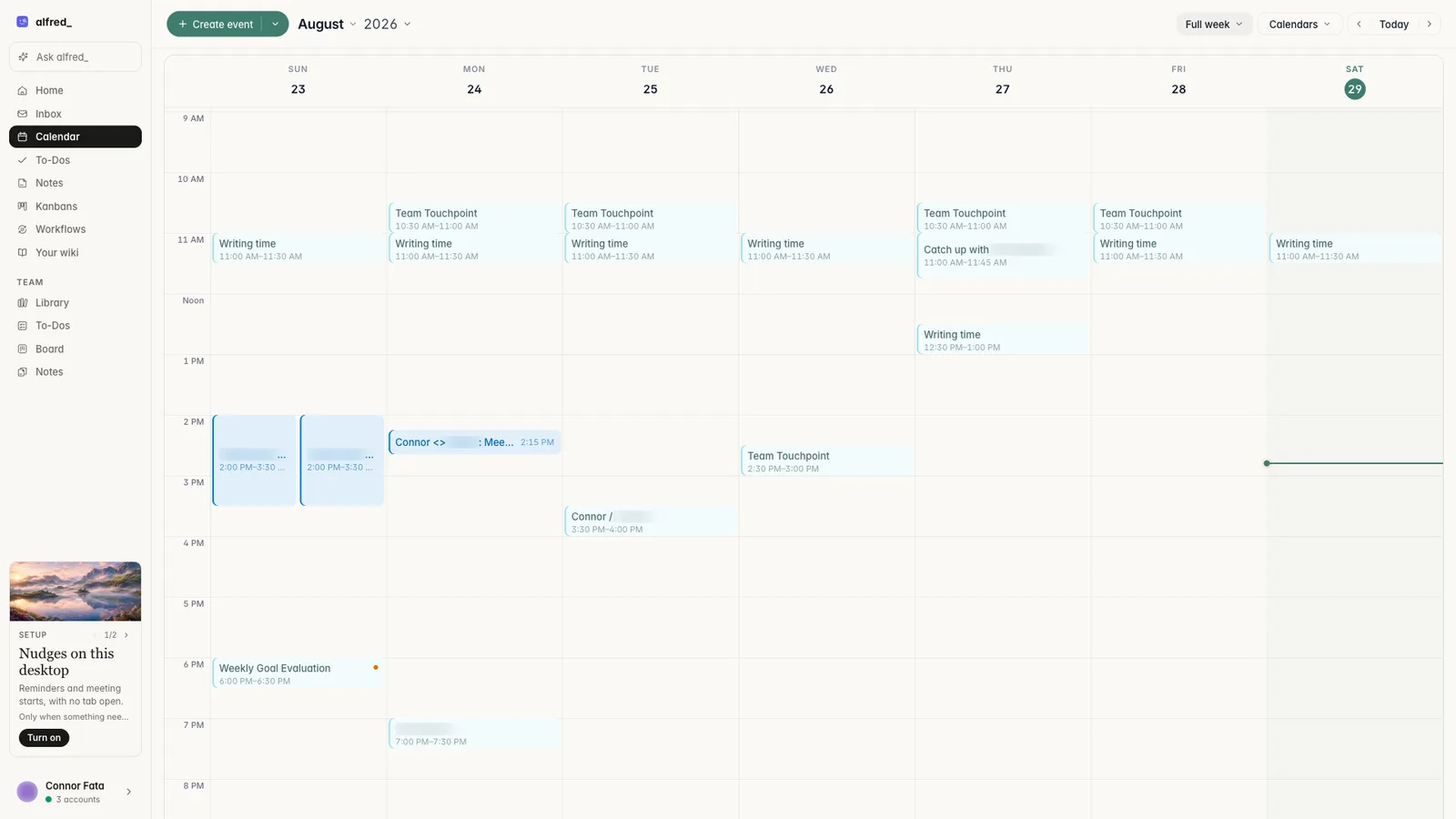 The alfred_ week view: recurring meetings, protected writing blocks every morning, and one-off calls across every connected calendar