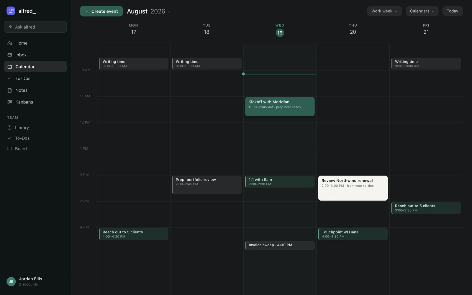 The alfred_ calendar week view with meetings, focus blocks, and a to-do scheduled onto the calendar