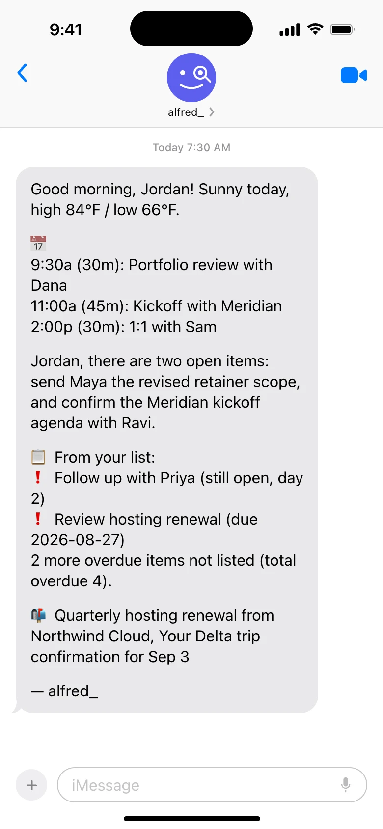 The alfred_ Daily Brief arriving in iMessage: calendar, open items, overdue tasks, and inbox highlights in one morning text