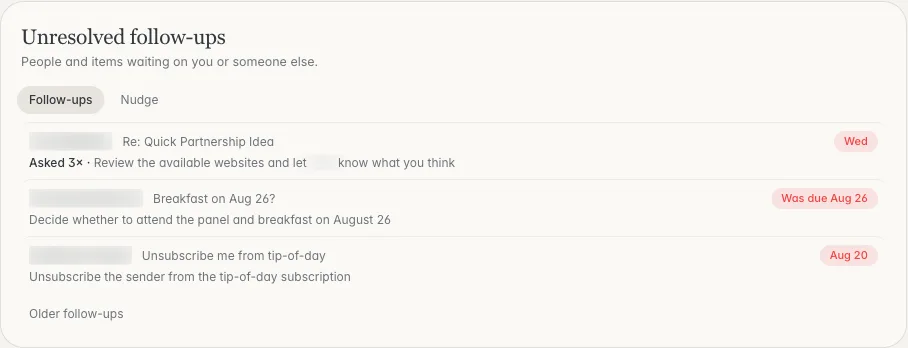 The alfred_ Unresolved follow-ups card: people and items waiting on you or someone else, each with the thread, what to do, how many times it was asked, and how overdue it is