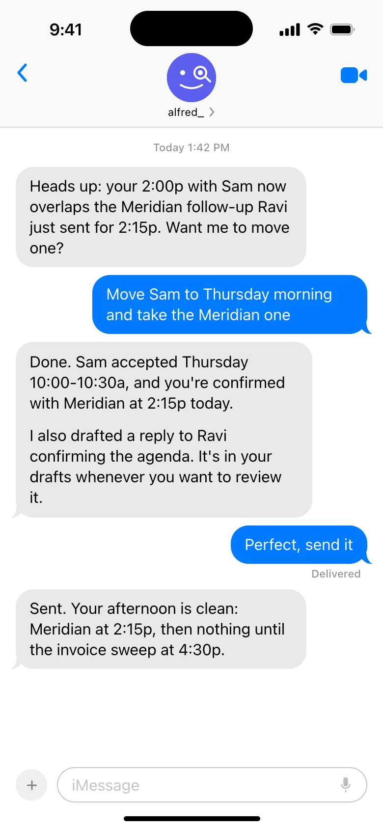 Texting alfred_ in iMessage: the user asks to move a meeting and alfred_ reschedules it, drafts the follow-up, and confirms