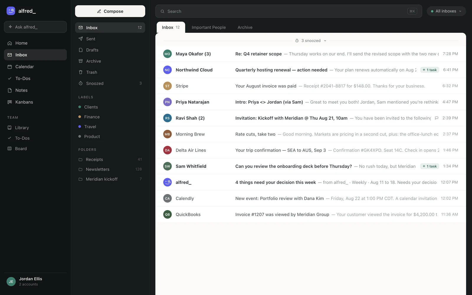 The alfred_ inbox with Gmail and Outlook merged into one triaged queue, with extracted tasks flagged on individual threads