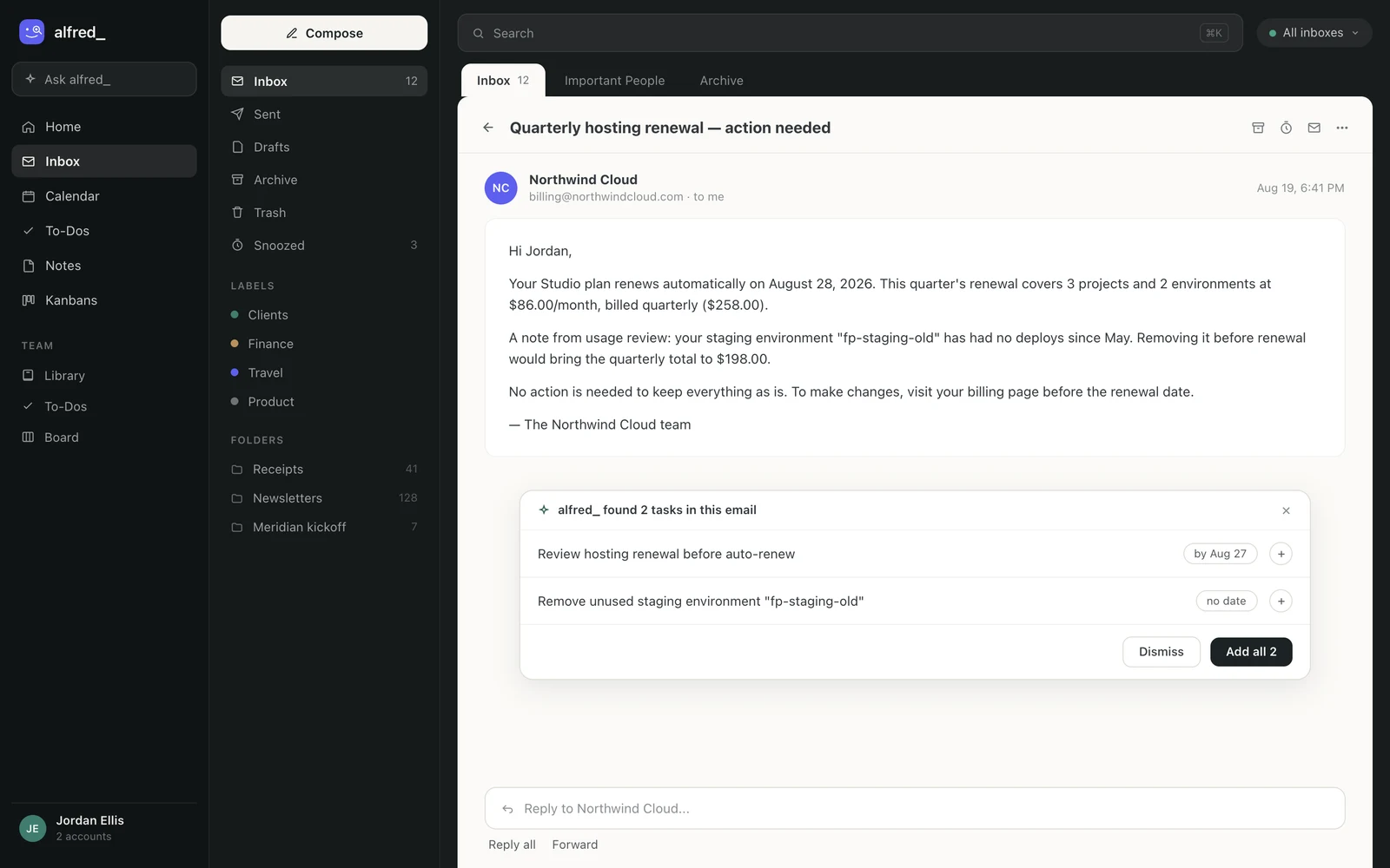 alfred_ reading pane showing a vendor email with the suggested-tasks card: two extracted tasks with due dates, ready to add