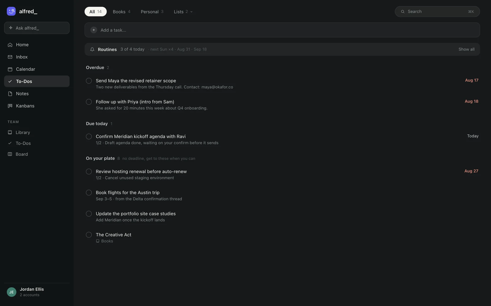 The alfred_ To-Dos view: overdue, due today, and on-your-plate sections with tasks extracted from email